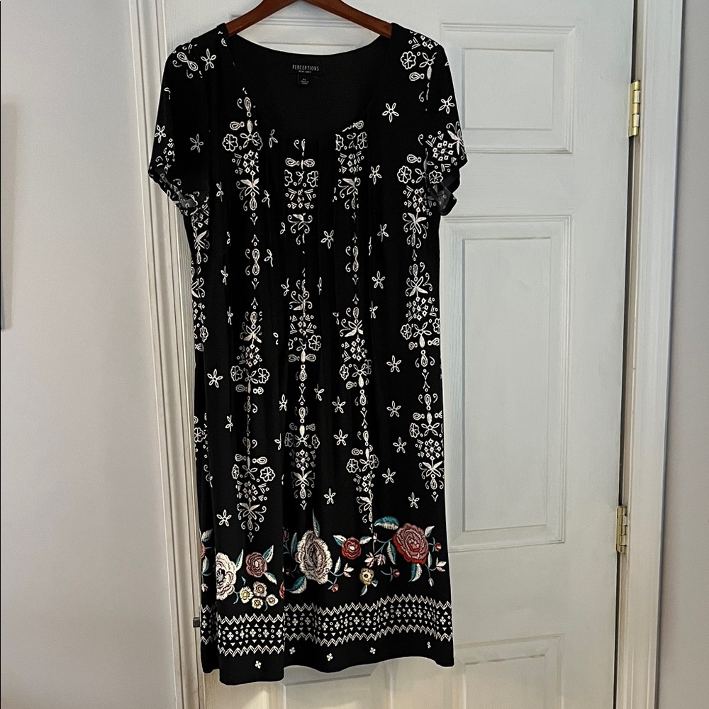 Perceptions Black Midi Dress with White and Red Floral Accents
